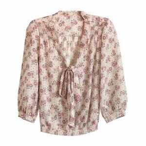 Zara TRF Cottagecore Floral Tie-Neck Blouse Tan Blue Red Size S